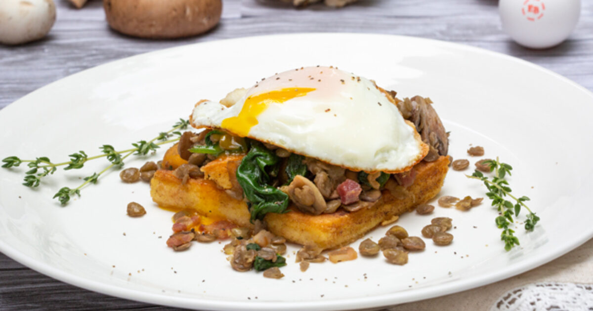 Fried Eggs with Mushroom, Lentil Hash over Cheesy… | Eggland's Best