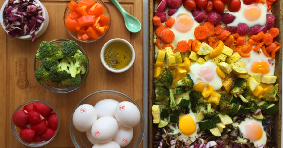 Rainbow Sheet Pan Veggies with Eggs Recipe | Eggland's Best