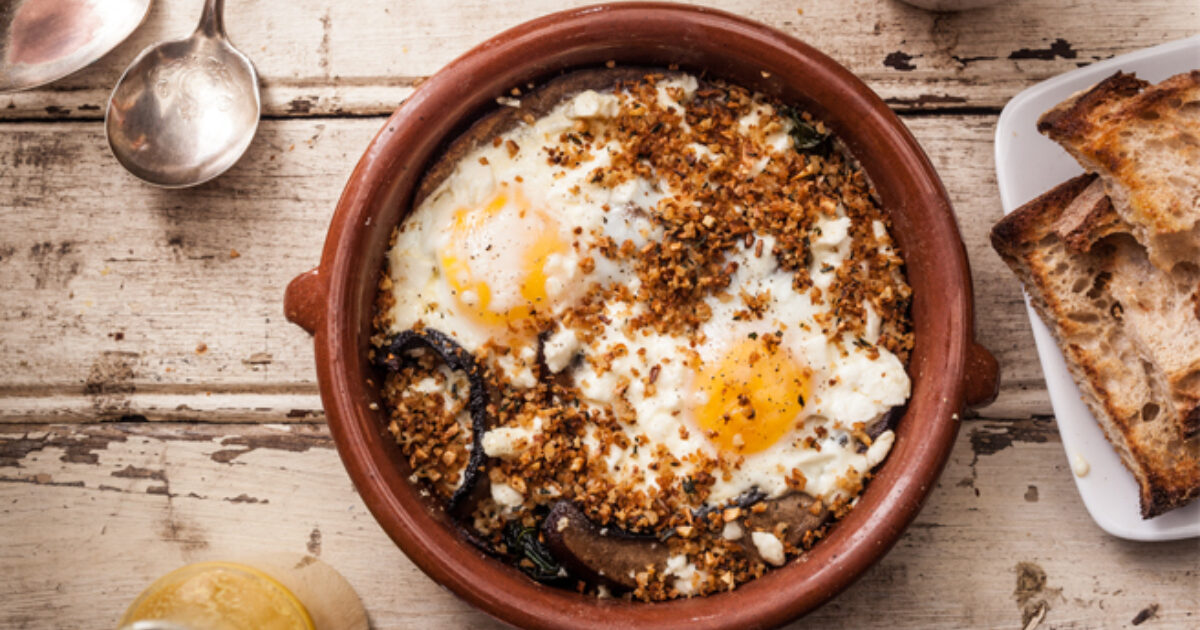 Eggs Baked with Feta, Kale, and Portobello Mushrooms Eggland's Best