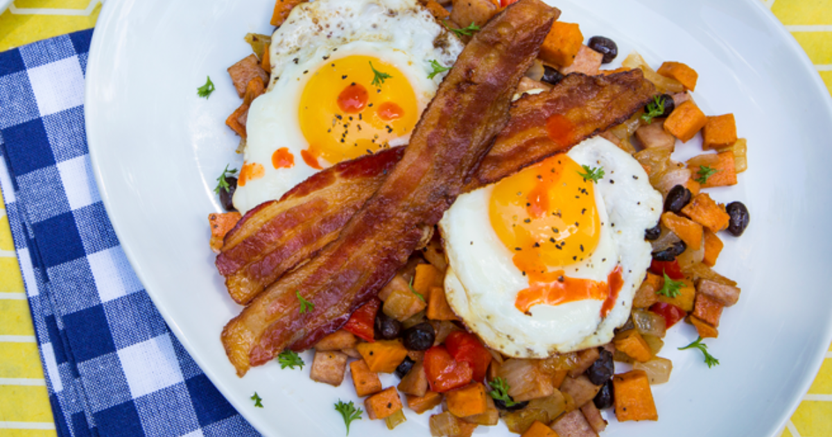 Sunny sideUp Eggs on Pork Roll Hash Eggland's Best