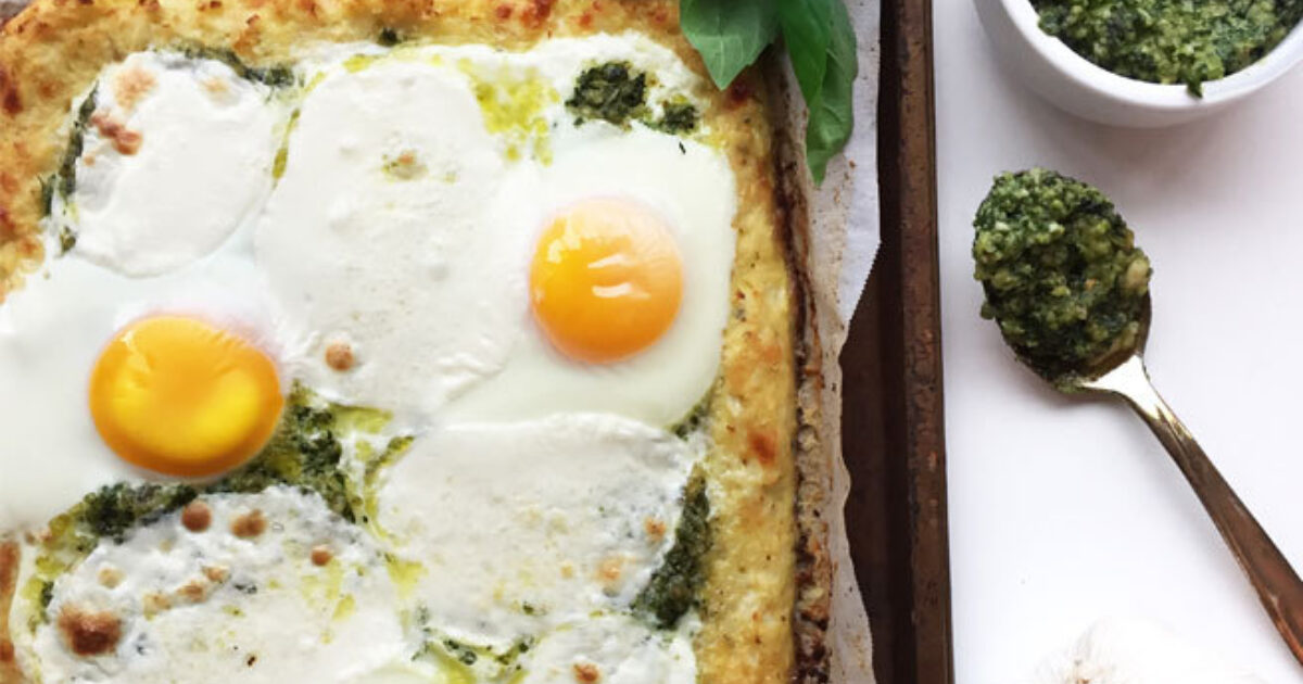 Cauliflower Crust Pizza with Arugula Pesto Eggland's Best