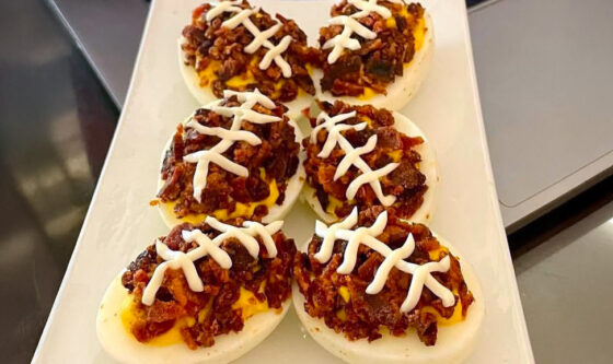 Football Shaped Bacon Deviled Eggs