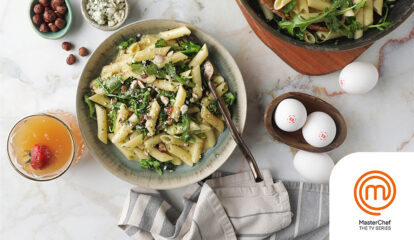 Carbonara with Blue Cheese, Broccoli & Hazelnuts